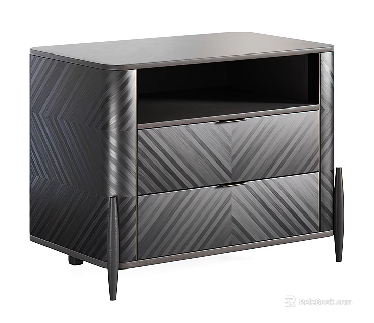 Modern Bedside Nightstand With Chevron Texture Two Storage Drawers And Sleek Metal Legs 3d model 