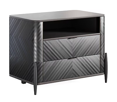 Modern Bedside Nightstand With Chevron Texture Two Storage Drawers And Sleek Metal Legs 3d model