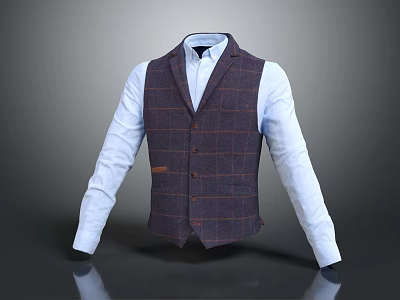 Men's Dark Plaid Vest With Light Blue Long Sleeve Shirt And Chest Pocket 3d model