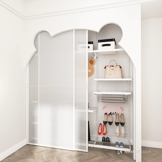 White Arched Wardrobe with Transparent Doors and Tiered Shelves for Handbag and Shoes 3d model 