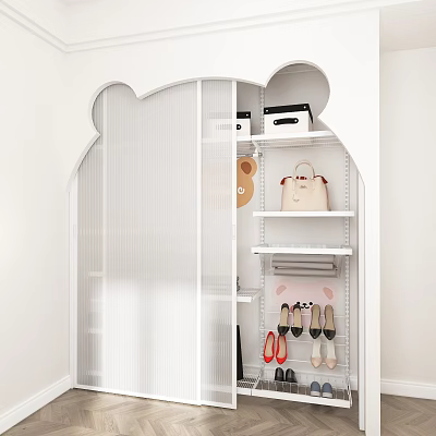 White Arched Wardrobe with Transparent Doors and Tiered Shelves for Handbag and Shoes 3d model