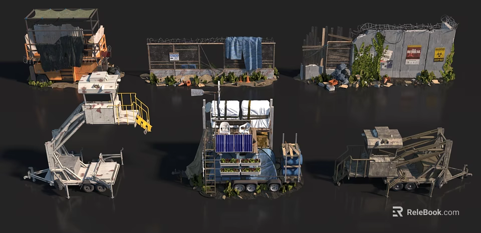 Outdoor Modular Workstations With Solar Panels Plants Metal Frames And Wheels 3d model 