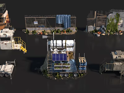 Outdoor Modular Workstations With Solar Panels Plants Metal Frames And Wheels 3d model