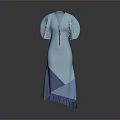 Stylish Blue And Light Blue Patchwork Dress With Puffed Sleeves And Fringes
