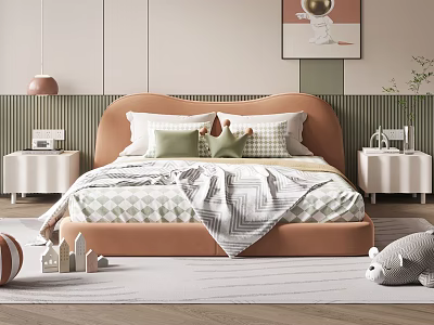 Kids Bedroom Interior With Curved Brown Headboard Green White Pillows Striped Quilt And Astronaut Painting 3d model