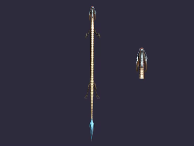 Game Movie Character Fantasy Spear Weapon With Ornate Head And Blue Feather Decoration 3d model