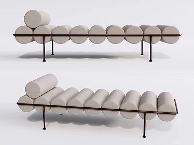 Modern Upholstered Ottoman With Cylindrical Cushions And Metal Legs Design 3d model