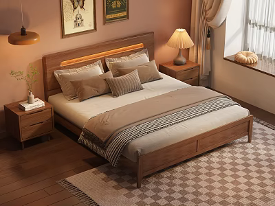 Wooden Double Bed With LED Headboard Pillows Nightstands Table Lamp And Checkered Rug 3d model