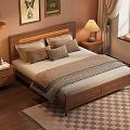 Wooden Double Bed With LED Headboard Pillows Nightstands Table Lamp And Checkered Rug