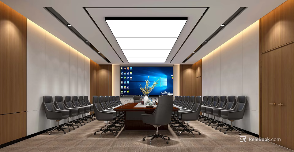 Modern Conference Room Interior With Long Table Multiple Chairs And Large Screen 3d model