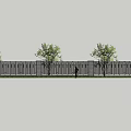 Brick Building Exterior Wall With Black Metal Gates Green Shrubs And Water Reflection