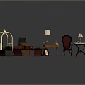 Vintage Interior Scene With Golden Luggage Rack Various Suitcases Purple Armchair And Table Lamps