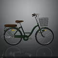 Classic Vintage Green Bicycle With Brown Leather Seat And Front Wire Basket