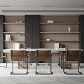 Modern Restaurant Interior With Open Design Wooden Bookshelves Dining Table And Chairs 3d model
