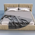 Modern Double Bed with Beige Headboard Silver Pillows and Gray Blanket 3d model