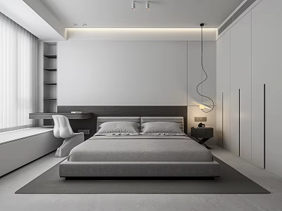 Modern Minimalist Bedroom Interior Design With Gray Bed Desk Chair Floor Lamp And White Curtains 3d model