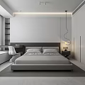 Modern Minimalist Bedroom Interior Design With Gray Bed Desk Chair Floor Lamp And White Curtains