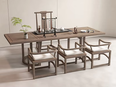 Modern Chinese Style Wooden Tea Table and Chairs with Tea Set and Potted Plant 3d model