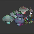 Cartoon Mushroom Scene With Blue Purple Houses Glowing Details And Small Trees