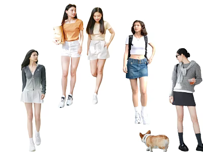Group of Young Women in Stylish Summer Outfits with Corgi Dog 3d model
