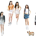 Group of Young Women in Stylish Summer Outfits with Corgi Dog