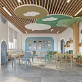 Kindergarten Interior Learning Space with Wooden Ceiling Colorful Furniture Green Decorations and TV Screen