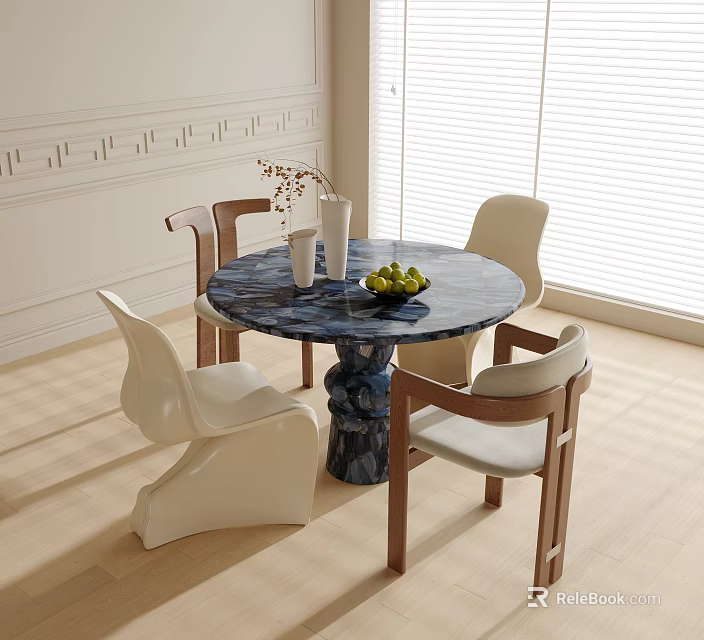 Modern Round Table And Chairs Set With Marble Top White Wooden Chairs In Bright Interior 3d model 