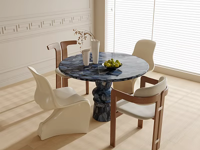 Modern Round Table And Chairs Set With Marble Top White Wooden Chairs In Bright Interior 3d model