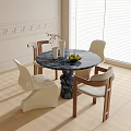 Modern Round Table And Chairs Set With Marble Top White Wooden Chairs In Bright Interior