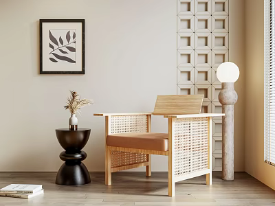 Modern Lounge Chair With Wicker Weave And Wooden Frame In Minimalist Interior 3d model