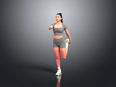A Woman Stretching In Gray Sportswear Lifting Leg Against Gray Background And White Green Sneakers 3d model