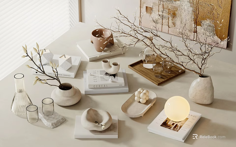 Elegant Minimalist Tabletop Decorative Ornament Combination With Vases Branches Books And Trays 3d model 