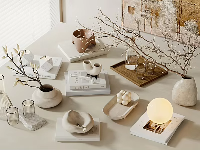 Elegant Minimalist Tabletop Decorative Ornament Combination With Vases Branches Books And Trays 3d model