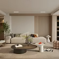 Modern Living And Dining Room Interior With Beige Sofa Wooden Panel And Large Window