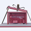 Pink Gift Box Shaped Window Display With Happy New Year Decor Bench And Bow 3d model