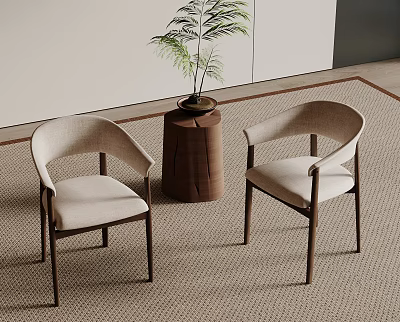 Modern Curved Back Dining Chairs With Light Beige Upholstery And Dark Wooden Legs 3d model