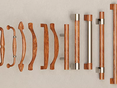 Various Modern And Classic Furniture Handles In Wooden And Metal With Curved Straight Designs 3d model