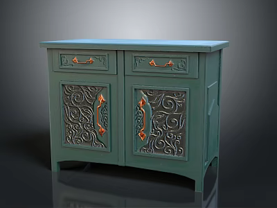 Elegant Teal Green Entryway Side Cabinet With Carved Design Golden Handles And Drawers 3d model