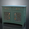 Elegant Teal Green Entryway Side Cabinet With Carved Design Golden Handles And Drawers