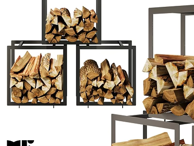 Modern Fireplace Setup With Stacked Firewood Logs And Metal Storage Racks 3d model