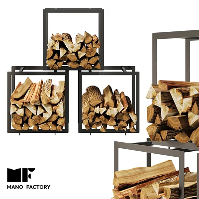 Modern Fireplace Setup With Stacked Firewood Logs And Metal Storage Racks 3d model