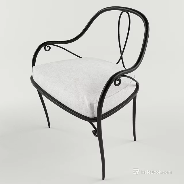 Elegant Armchair With Black Metal Frame Curved Scroll Details And Light Upholstered Seat 3d model 