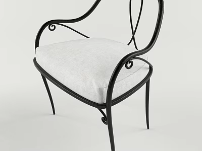 Elegant Armchair With Black Metal Frame Curved Scroll Details And Light Upholstered Seat 3d model