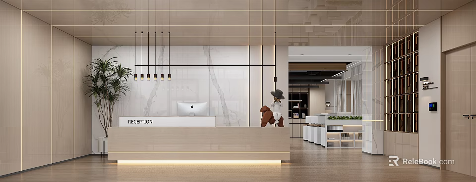 Modern Reception Area Interior With Marble Wall Reception Desk Hanging Lights And Plant 3d model 