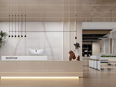 Modern Reception Area Interior With Marble Wall Reception Desk Hanging Lights And Plant 3d model