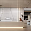 Modern Reception Area Interior With Marble Wall Reception Desk Hanging Lights And Plant