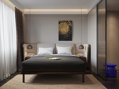 Modern Bedroom Interior Design With Bedside Tables Lamps Abstract Painting Curtains Rug And Blue Stool 3d model
