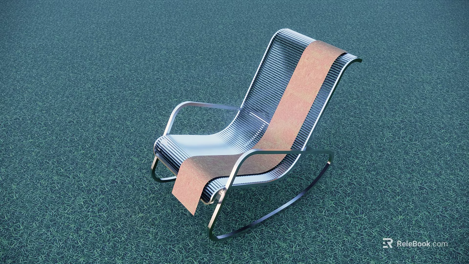 Modern Rocking Leisure Chair With Metal Frame Brown Silver Stripes On Green Surface 3d model 