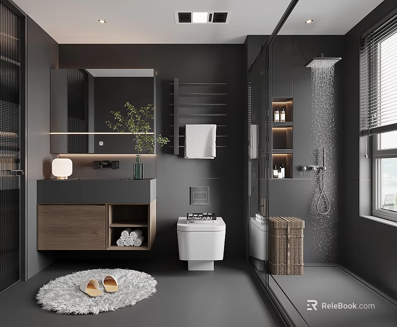 Modern Gray Bathroom Interior With Shower Area Toilet Wooden Vanity Mirror Green Plant And Window 3d model 