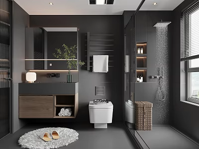 Modern Gray Bathroom Interior With Shower Area Toilet Wooden Vanity Mirror Green Plant And Window 3d model